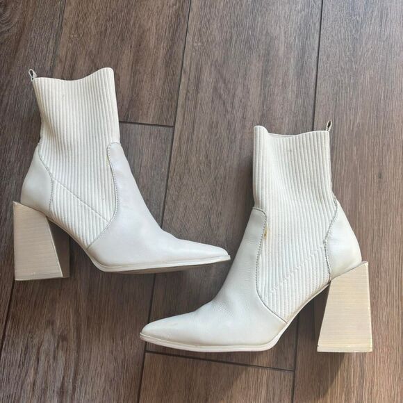 steve madden cream leather sock boot pointed toe block heel size 7.5 - Picture 3 of 6